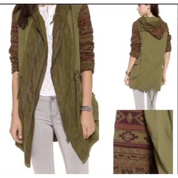 Free People Mixed Media Tapestry Hooded Parka Jacket Size S in Army Green - Picture 2 of 14